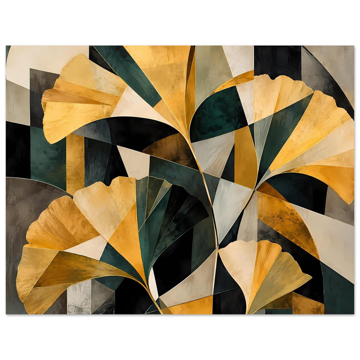 Modernes abstraktes Blumenposter, Querformat, goldene Blütenformen mit dunkelgrünen und schwarzen Akzenten