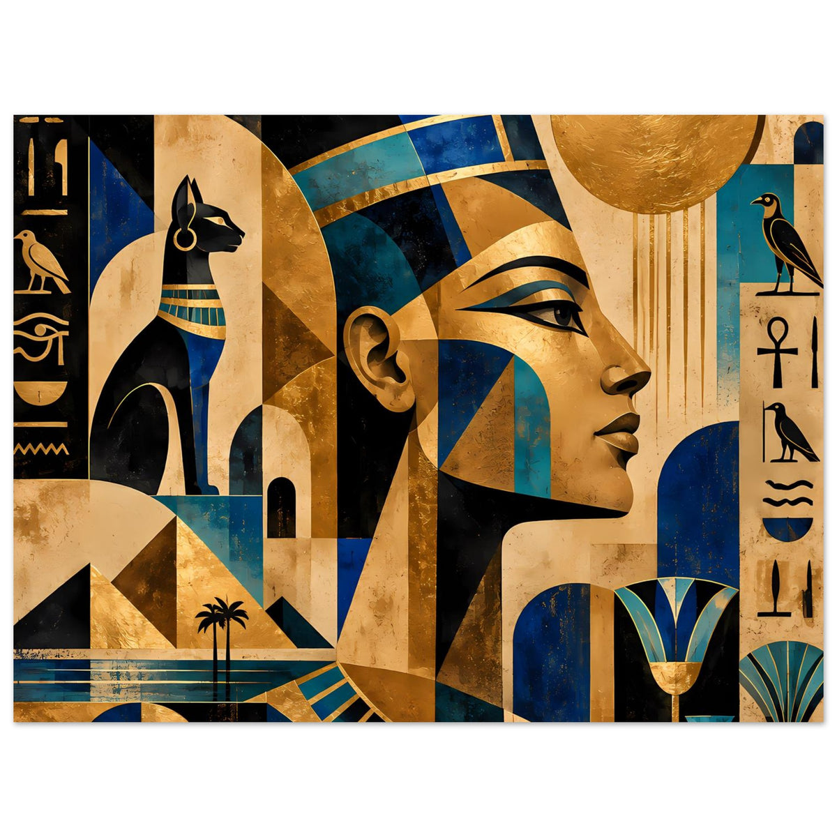 Ägyptisches Kunstposter mit Profilbüste und Ornamentelementen in Gold- und Blautönen