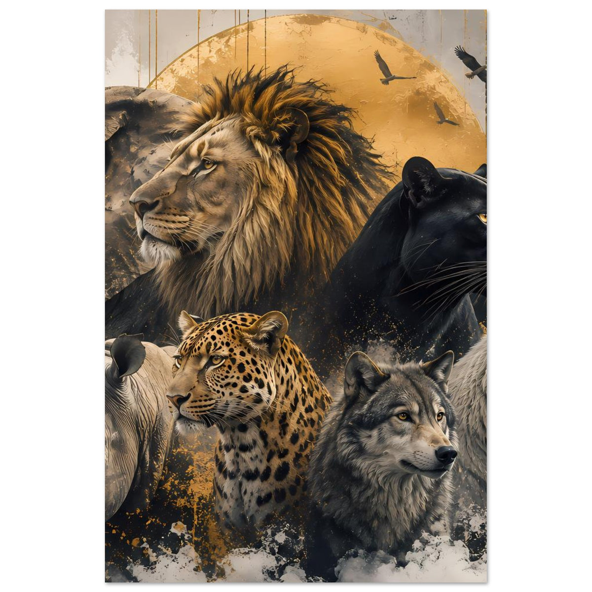 Hochformatiges Wildtiere-Poster mit Löwe, Panther und Gepard in Gold-Schwarz