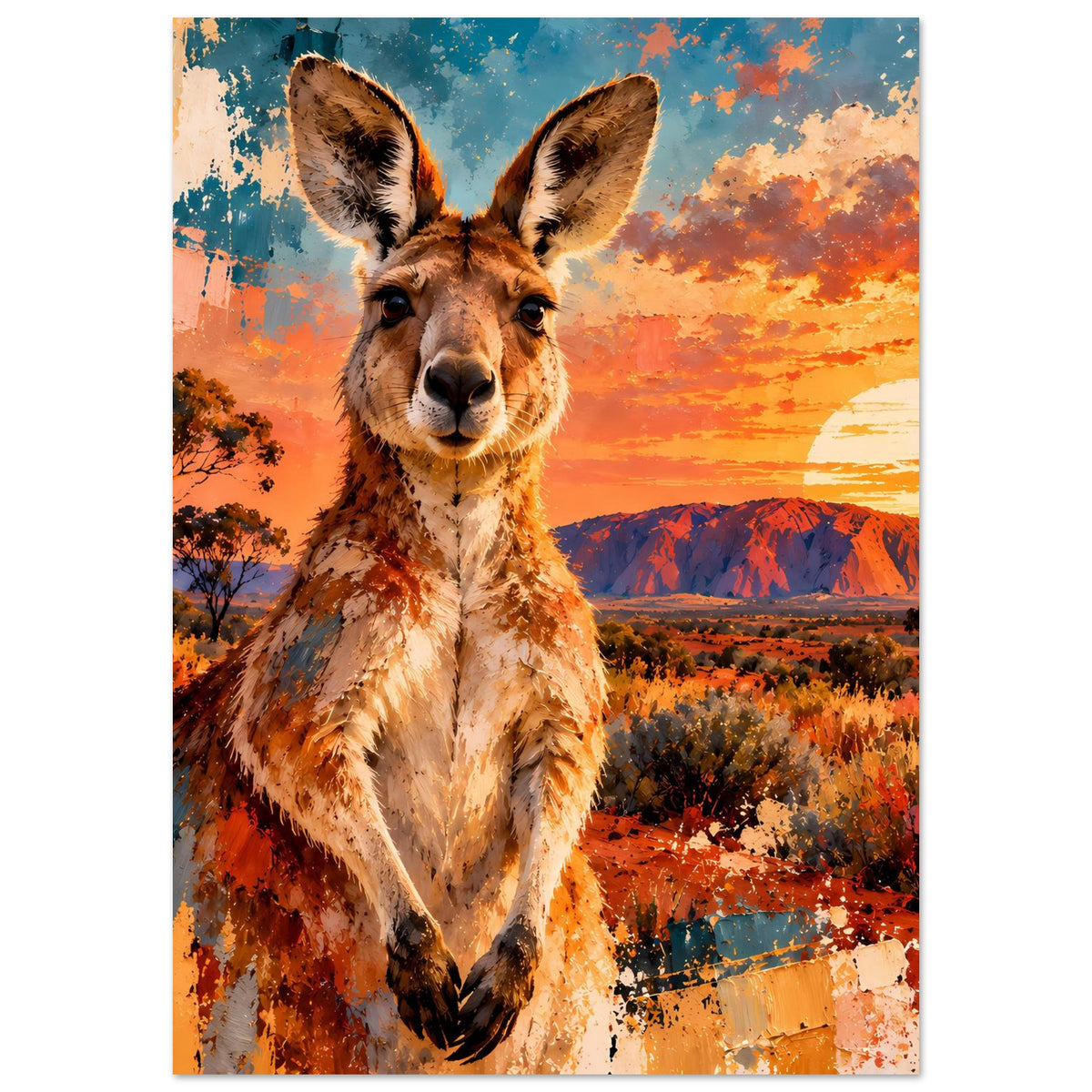 Känguru-Sonnenuntergangs-Poster auf Premium-Mattpapier, Tier im Vordergrund mit farbigem Himmel