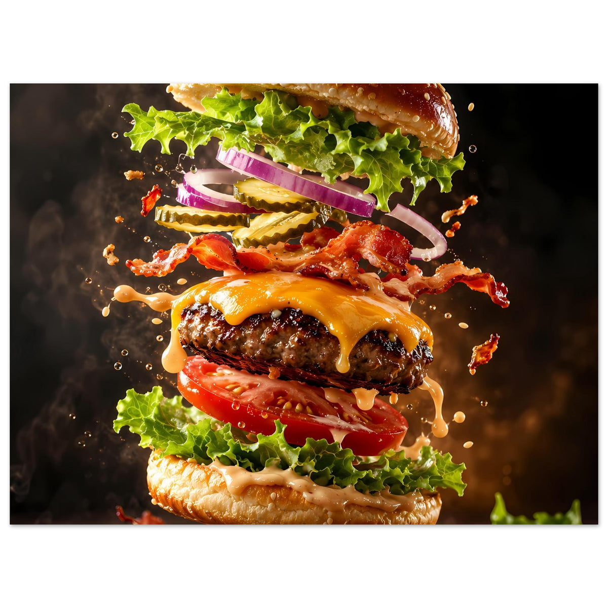 Burgermotiv-Poster: angeschnittener mehrschichtiger Burger mit grünem Salat und flüssiger Sauce