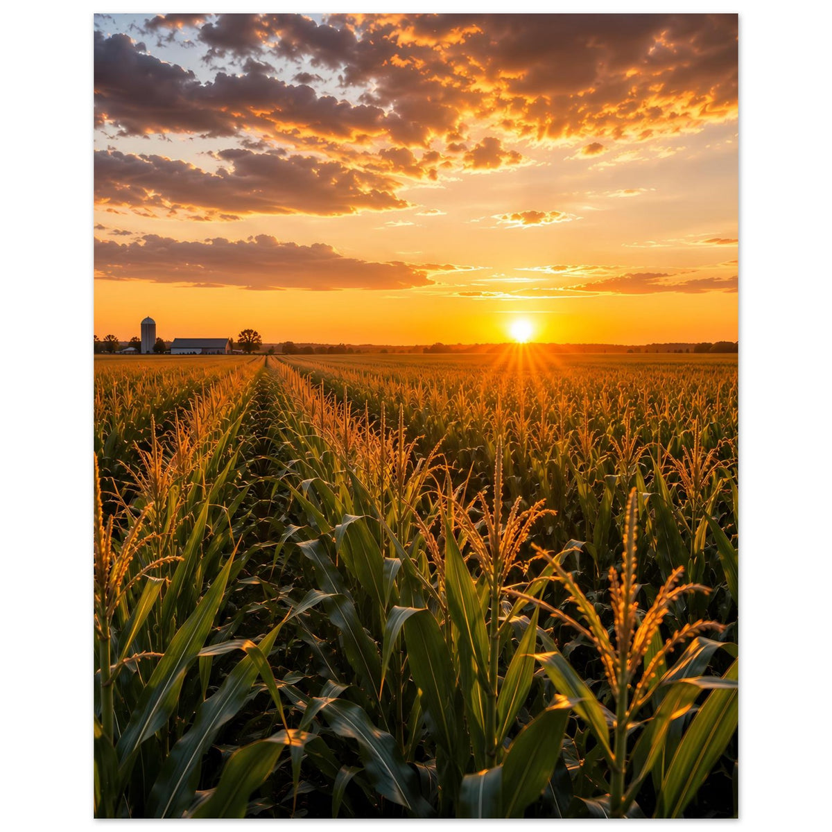 Mattes Poster mit Sonnenuntergang über Maisfeld, grünes Feld und orangefarbener Himmel