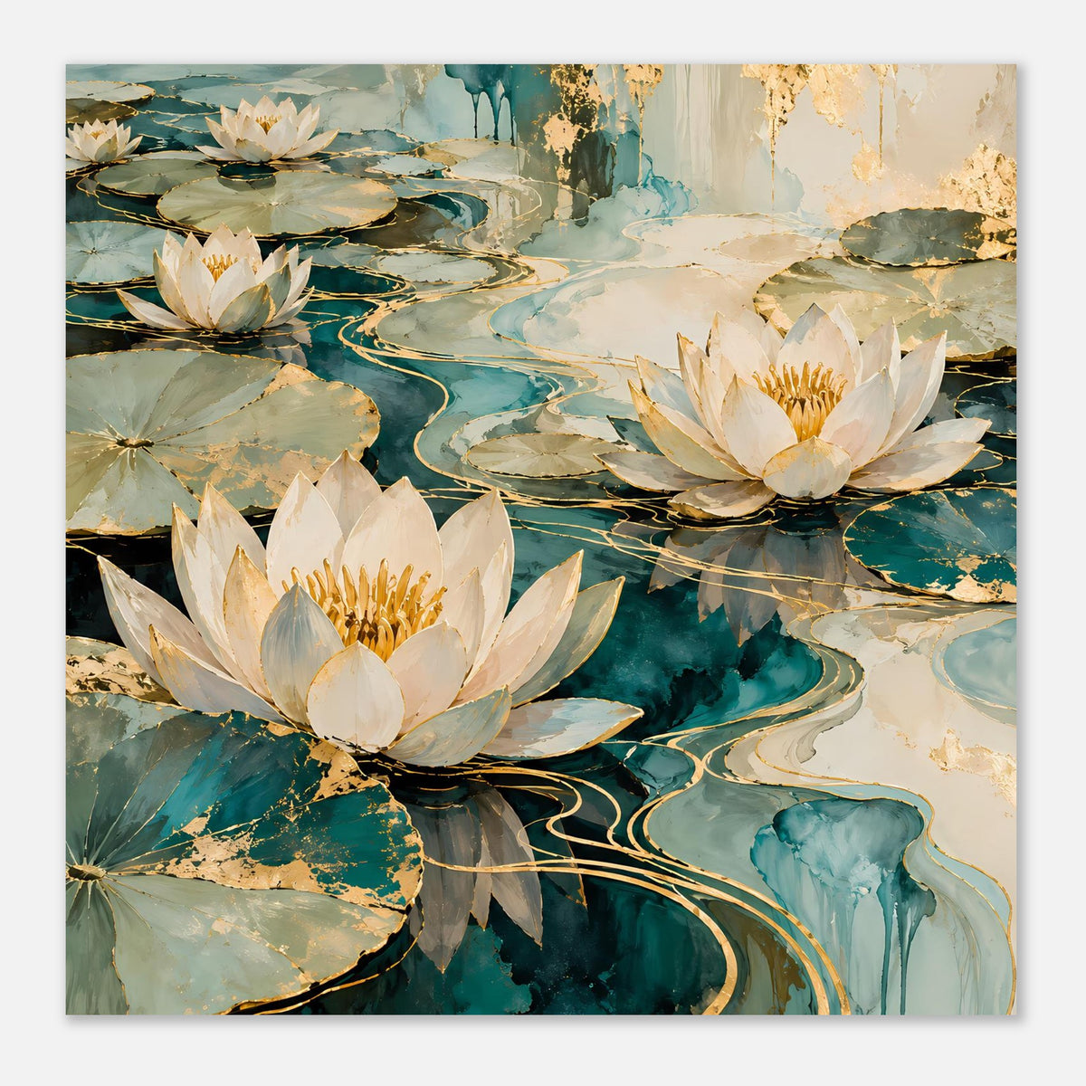 Wandposter mit weißen Lotusblüten und türkisblauem Wasser, goldene geschwungene Linien