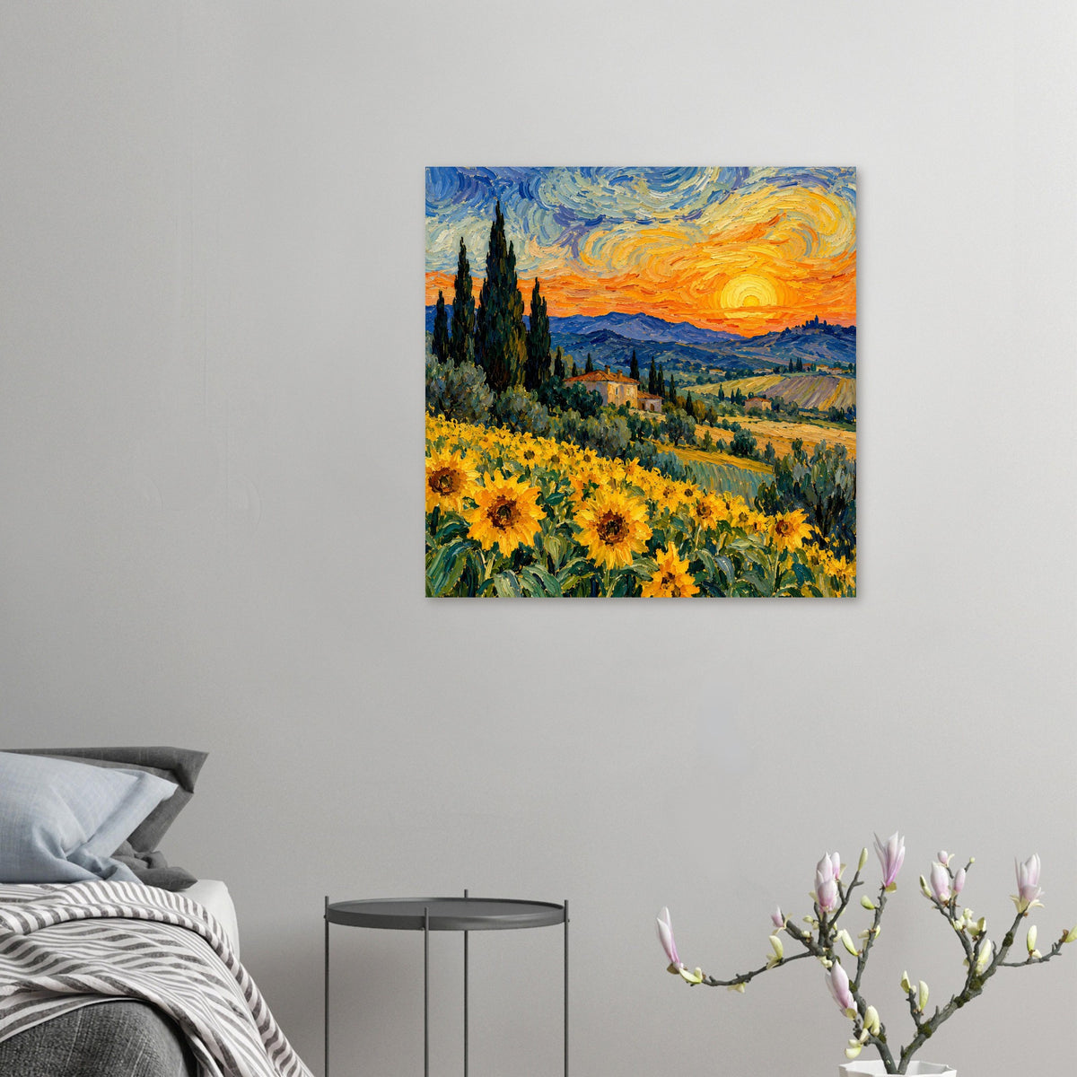 Kleines Sonnenblumenfeld-Poster mit orangefarbener Sonne, blauen Hügeln und Dorf im Tal
