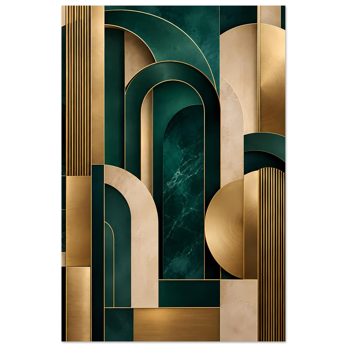 Vertikales Art-Deco Poster mit goldenen Säulen, Rundbögen und dunkelgrünen Marmorflächen