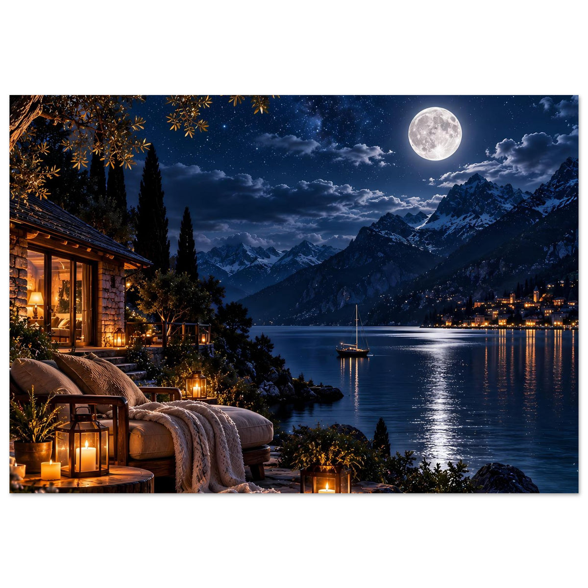 Poster mit Mondschein am Seeufer: Berge, Lichter am Haus, Kerzen und Boot im Wasser