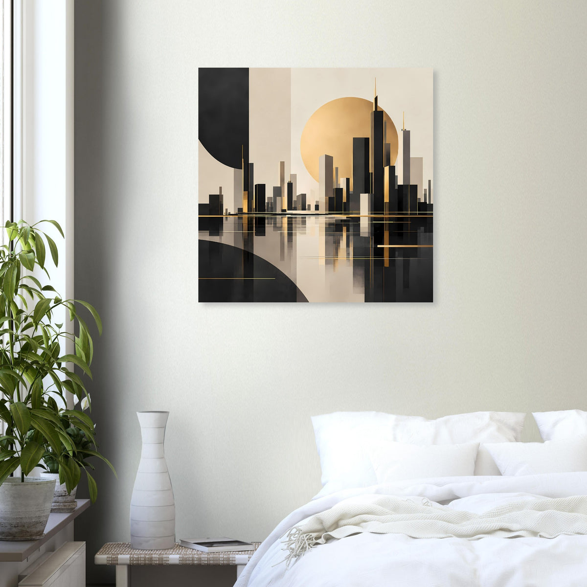 Abstraktes Stadtlandschaft-Poster im Art-Déco-Stil, gold, schwarz und beige
