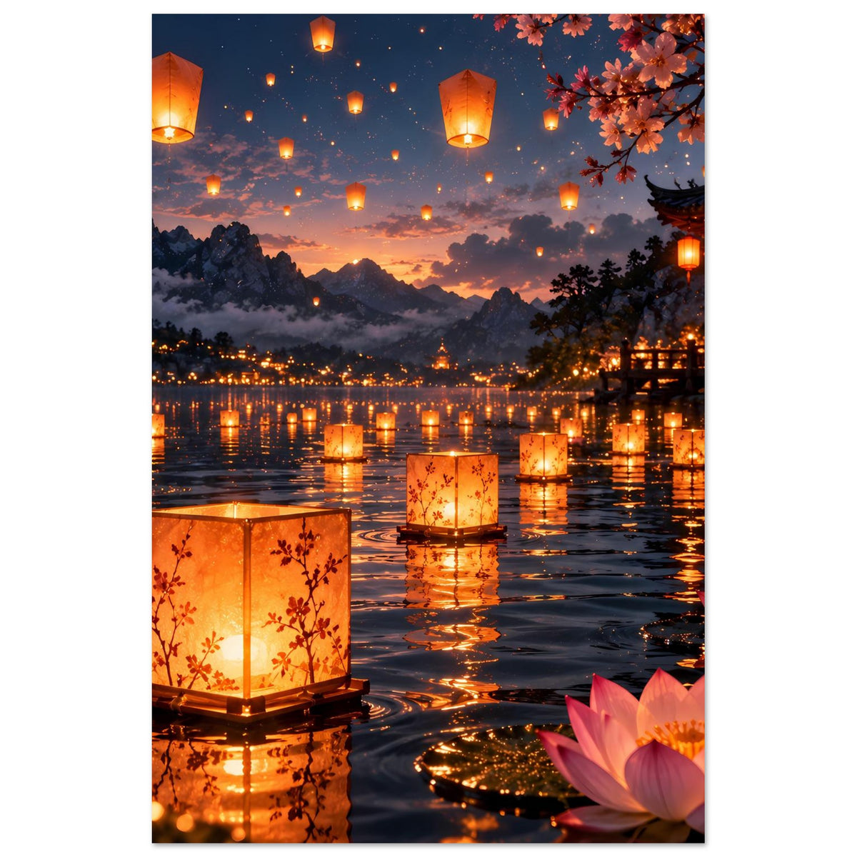 Laternenfest-Poster (Hochformat) mit Laternenkette auf dem Fluss und Lotusblüte unten rechts
