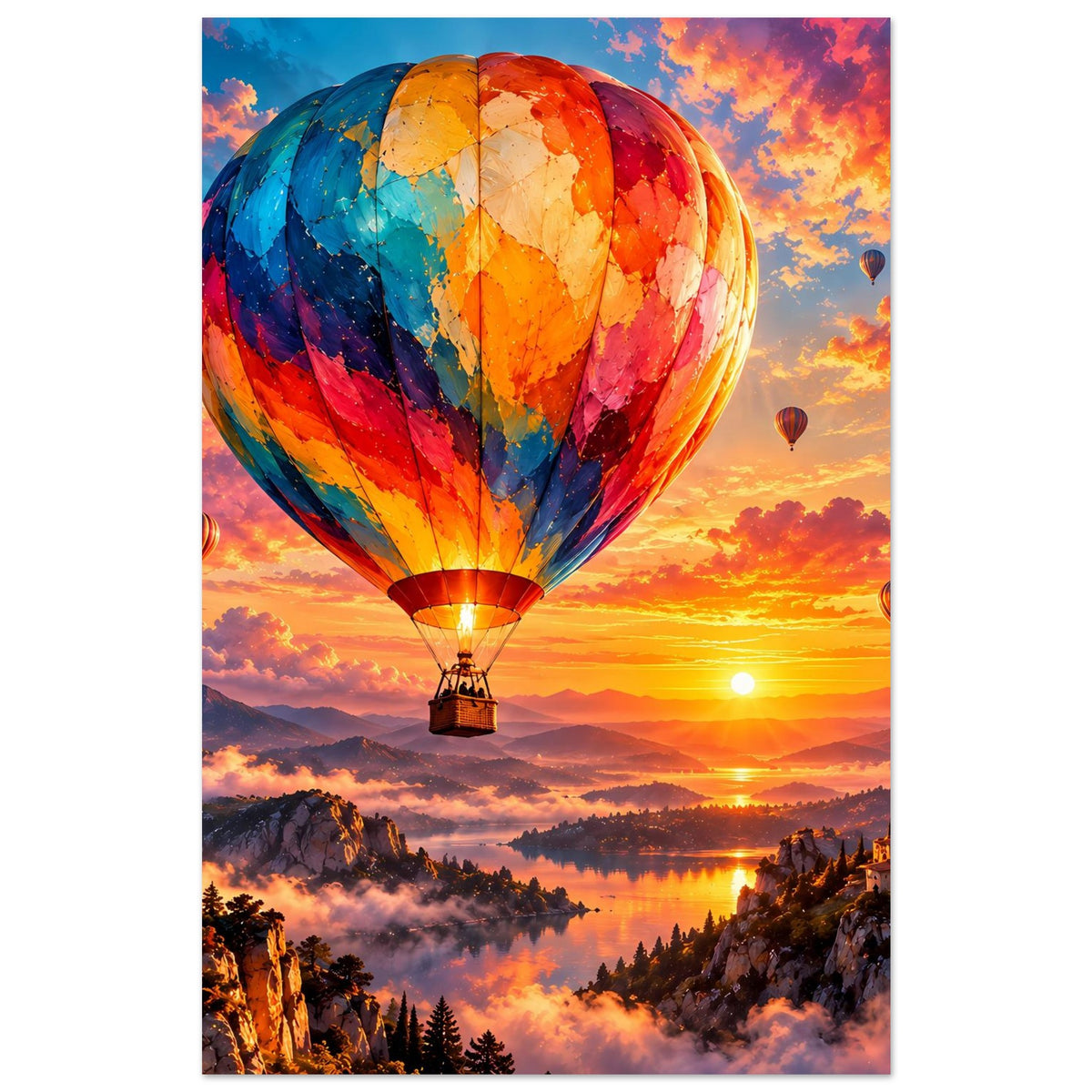 Wandposter mit mehrfarbigem Heißluftballon über Sonnenuntergangslandschaft und Bergen