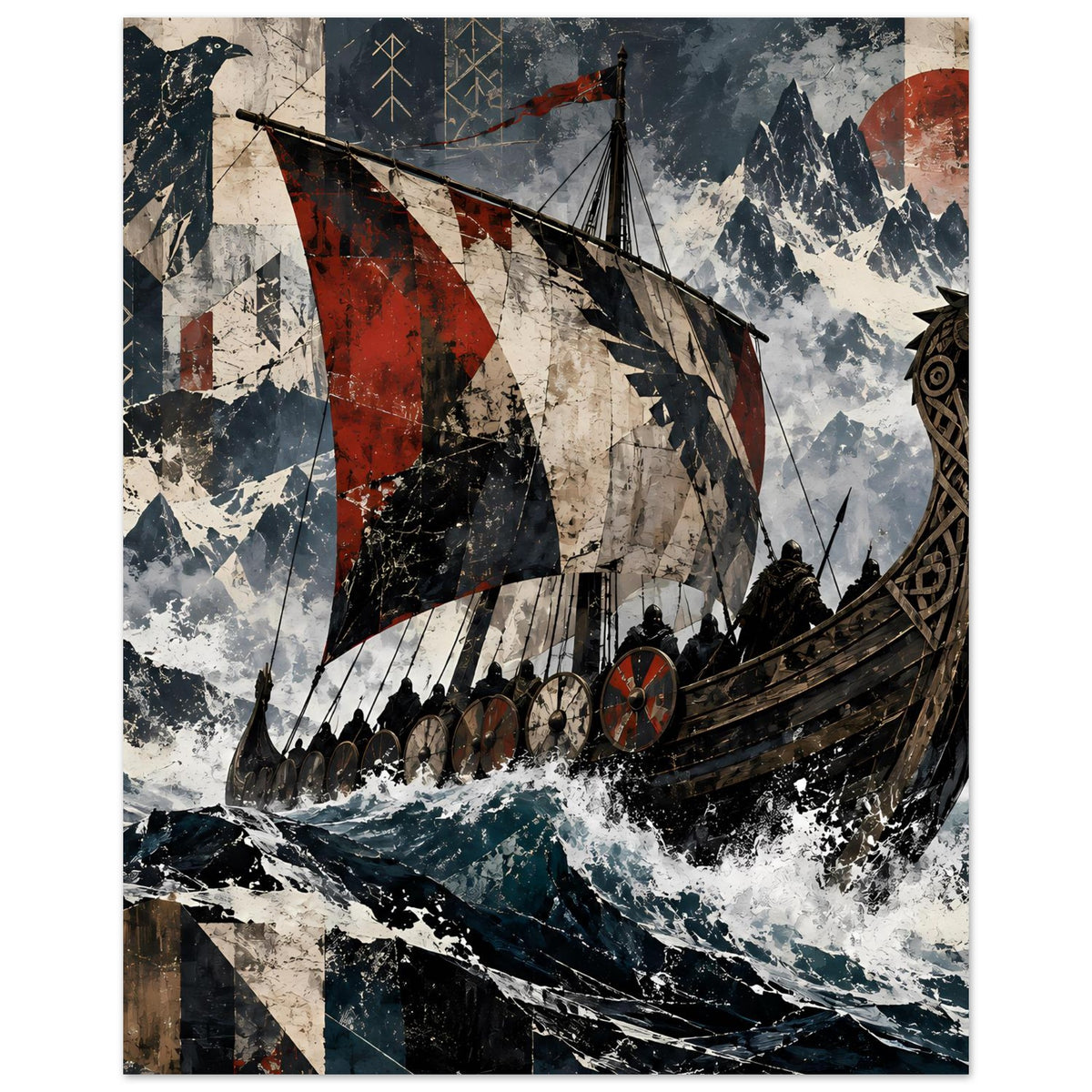 Wikingerschiff-Poster im Hochformat: Vorderansicht des Langschiffs, Segel in Rot, Schwarz und Beige
