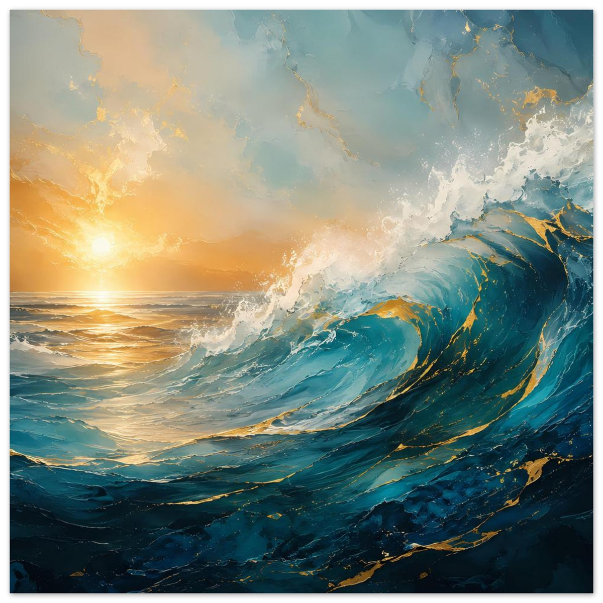 Premium-Poster mit großer Welle im Vordergrund, türkis-blaues Meer und goldenes Licht