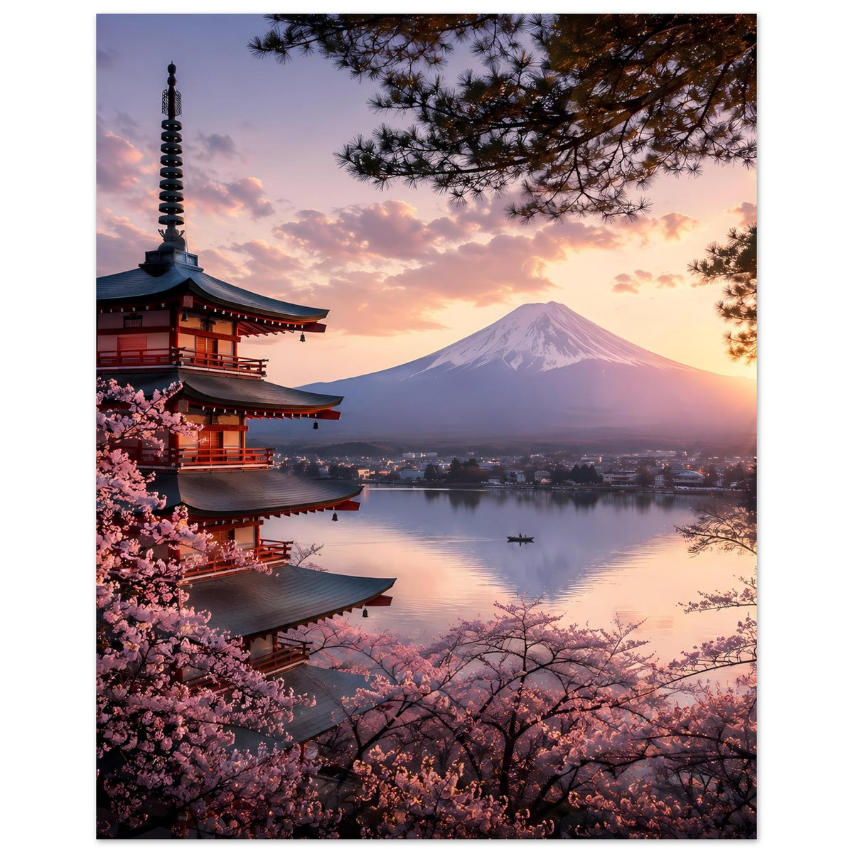 Vertikales Japan-Poster mit Pagode links, Fuji in der Ferne und Kirschblüten