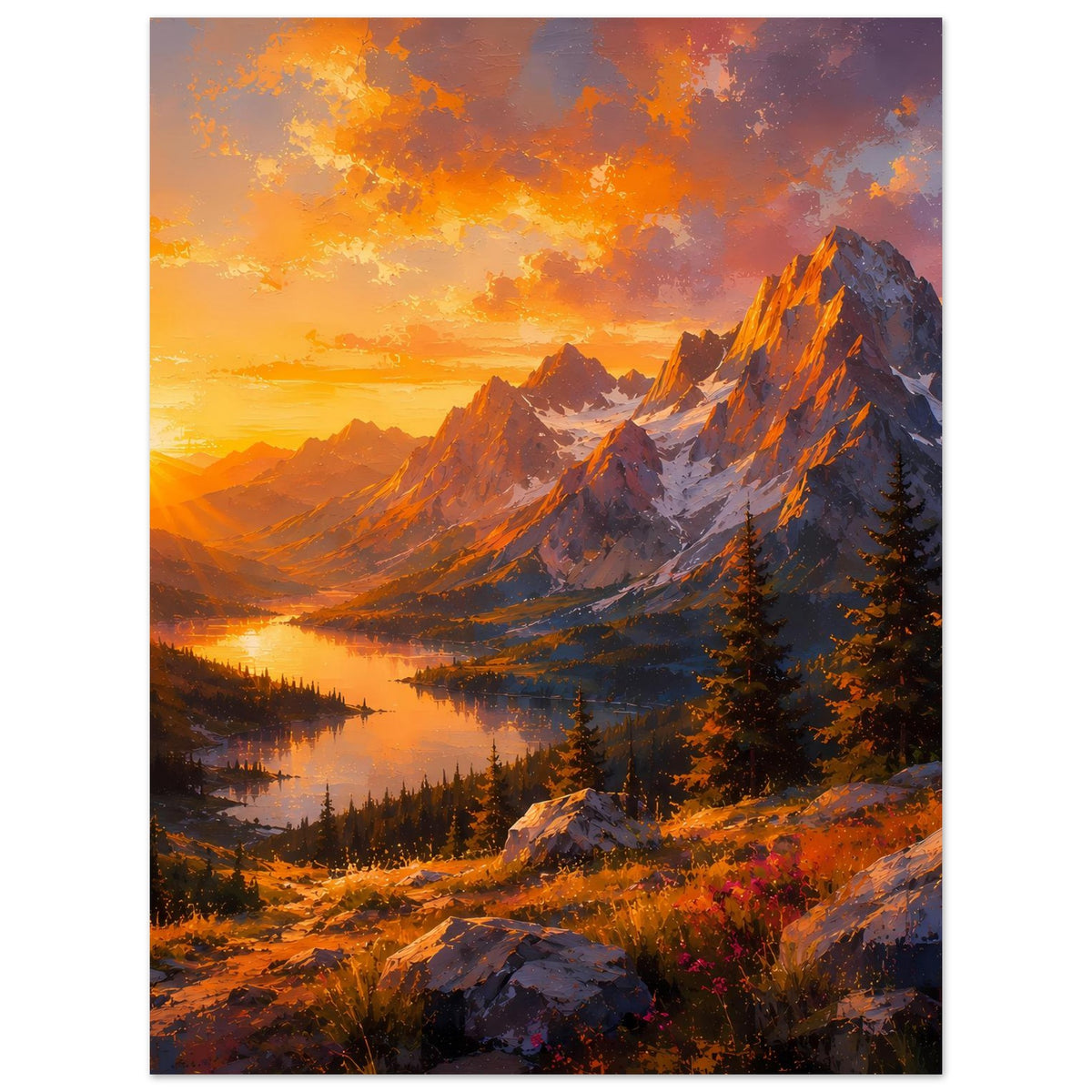 Poster mit Sonnenuntergang über Berglandschaft und See, dramatische Felsgipfel und Tannenwald