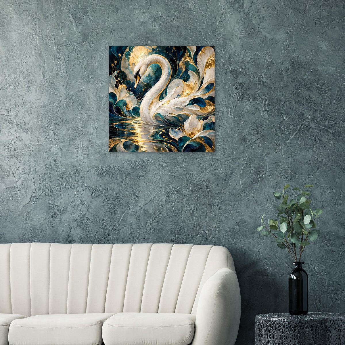 Quadratisches Wandposter mit weißem Schwan und türkisblauen Wellen, akzentuiert in Gold