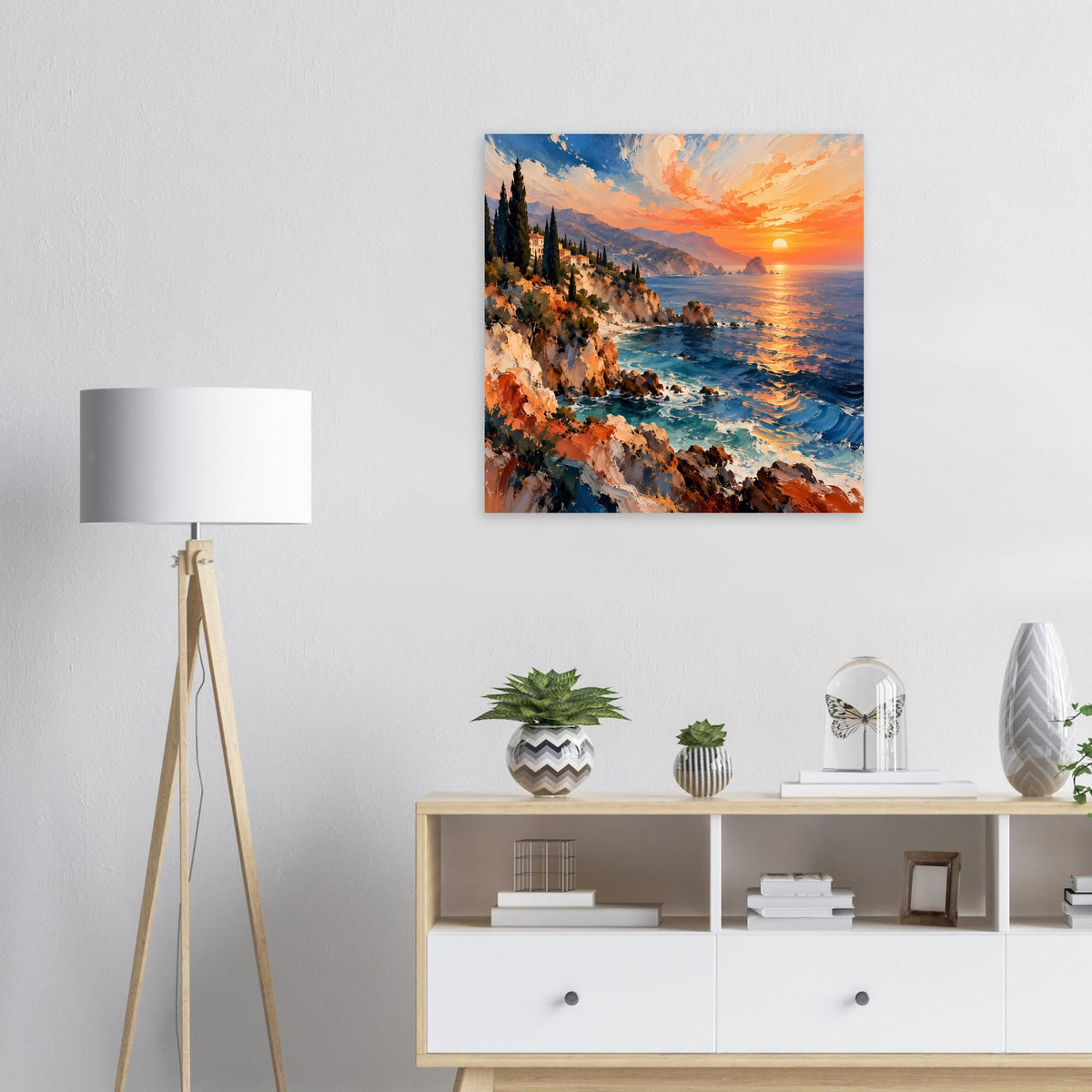 Wandposter mit Küstenlandschaft: Meer, Felsen und Sonnenuntergang am Horizont