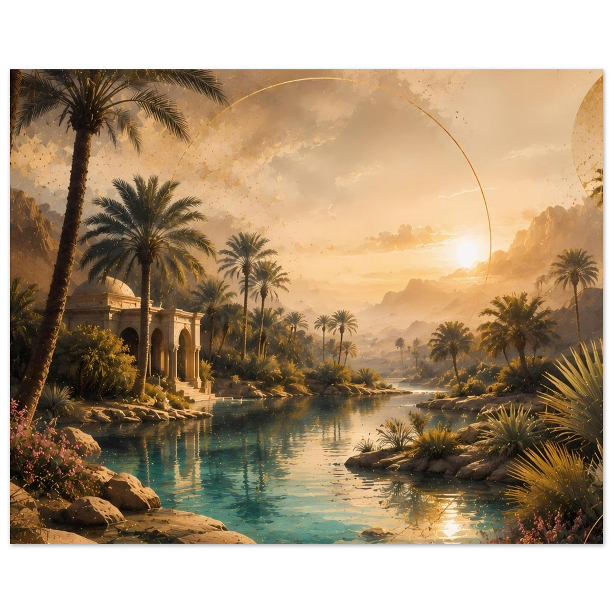 Poster mit orientalischem Landschaftsmotiv: Palmen, türkisblauer Fluss, Sonnenbogen und Bau