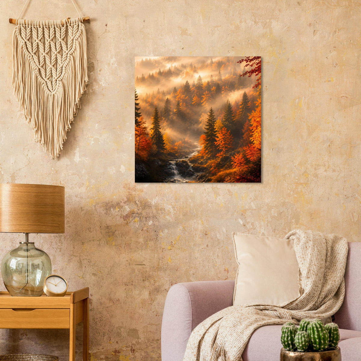 Herbstliches Waldlandschafts-Poster mit orangefarbenen Bäumen und warmem Himmelslicht