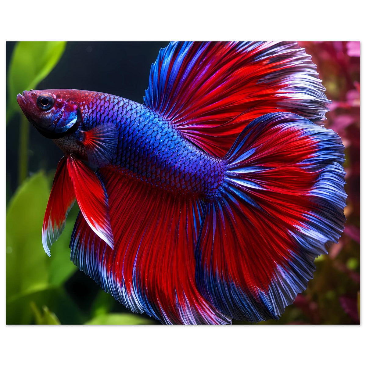 Betta-Fischposter im Querformat: blaues Schuppenkleid, rote Flossen