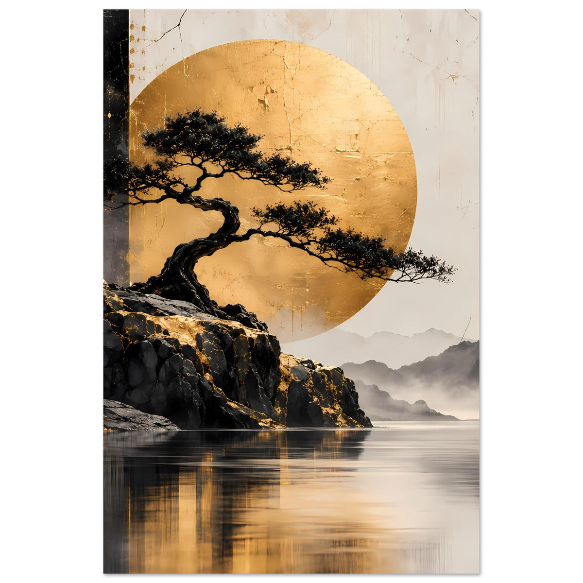 Poster mit schwarzem Bonsai-Baum, goldener Mondscheibe, Felsen und ruhigem See im Zen-Stil