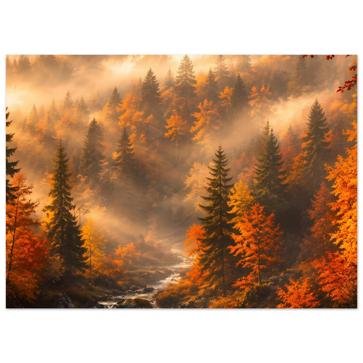 Panorama-Poster mit Herbstwald, Nebelschwaden und orangefarbenen Tannen