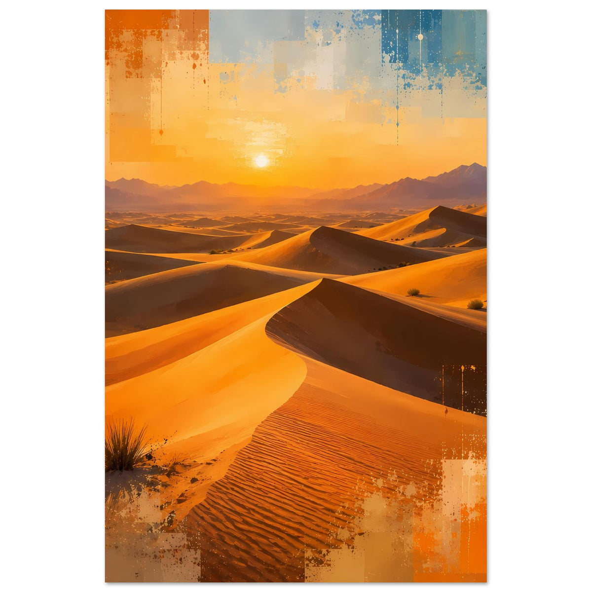 Wüstenlandschafts-Poster im Hochformat: orangefarbene Dünen mit Schattenlinien und Wüstensonne