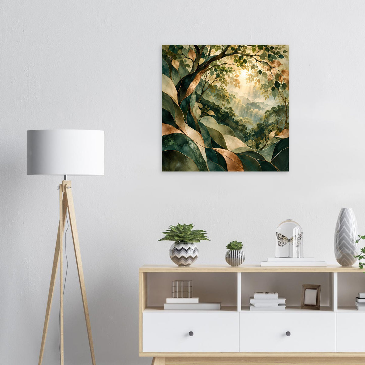Naturposter im Querformat mit goldenen Sonnenstrahlen, grünen Blättern und Waldkulisse