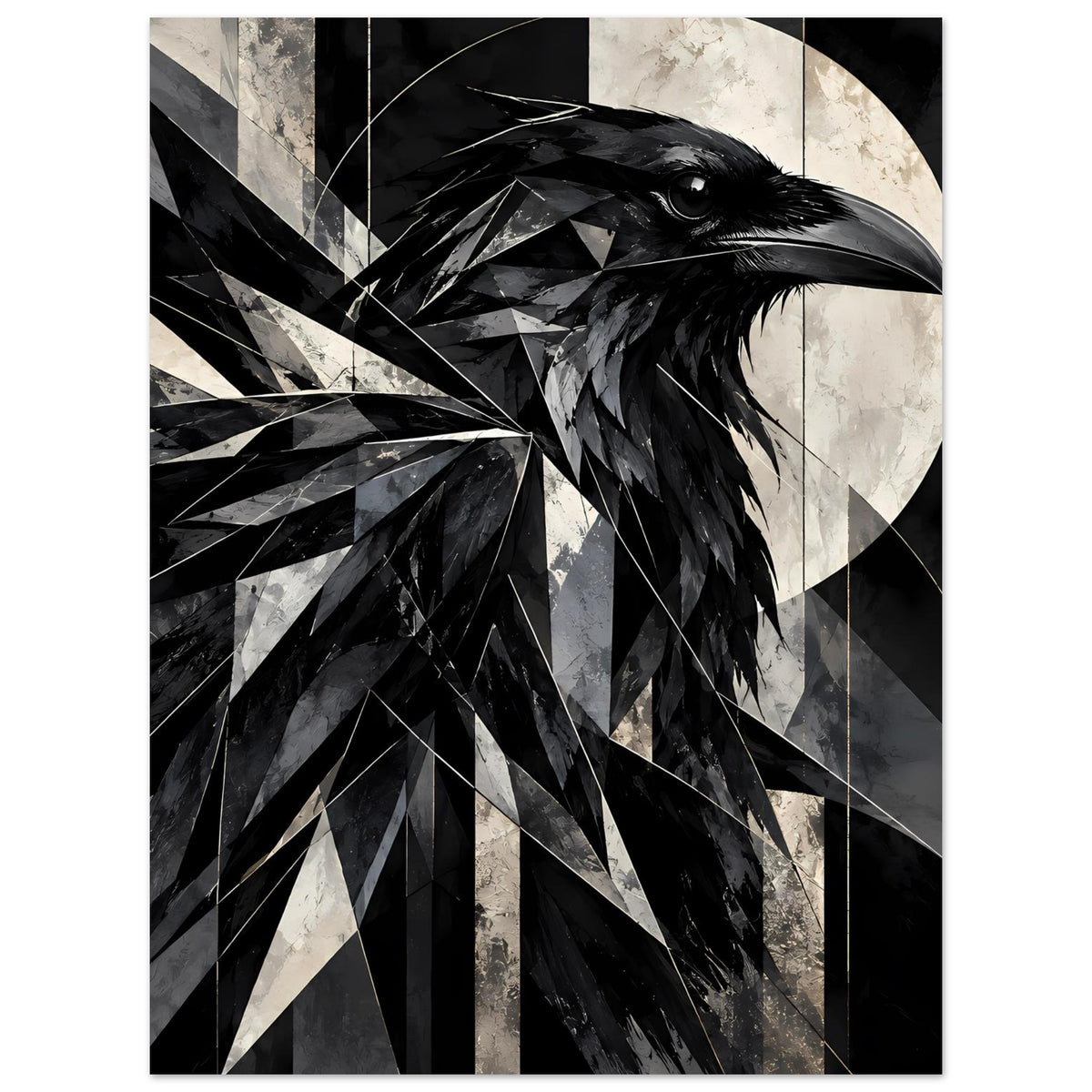 Kunstposter mit geometrischem Raben, schwarzweißes Profil mit markanten Federspitzen