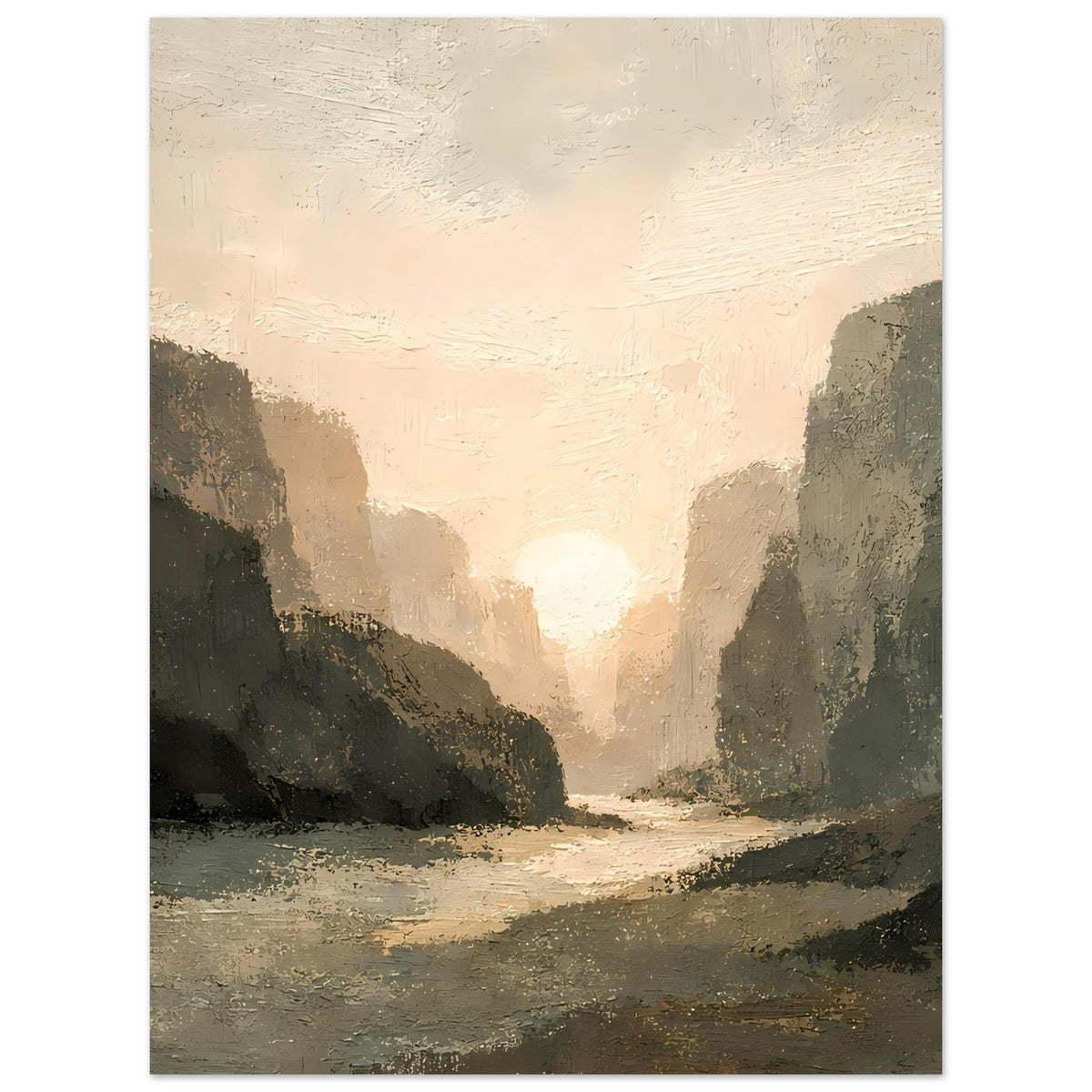 Landschaftsposter mit Sonnenuntergang über einer felsigen Schlucht, warmes Licht in der Mitte