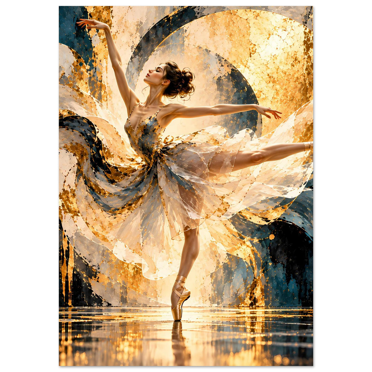 Ballettkunst-Poster: Balletttänzerin mit ausgestrecktem Arm, beiges Kostüm und blaues Farbspritzdesign