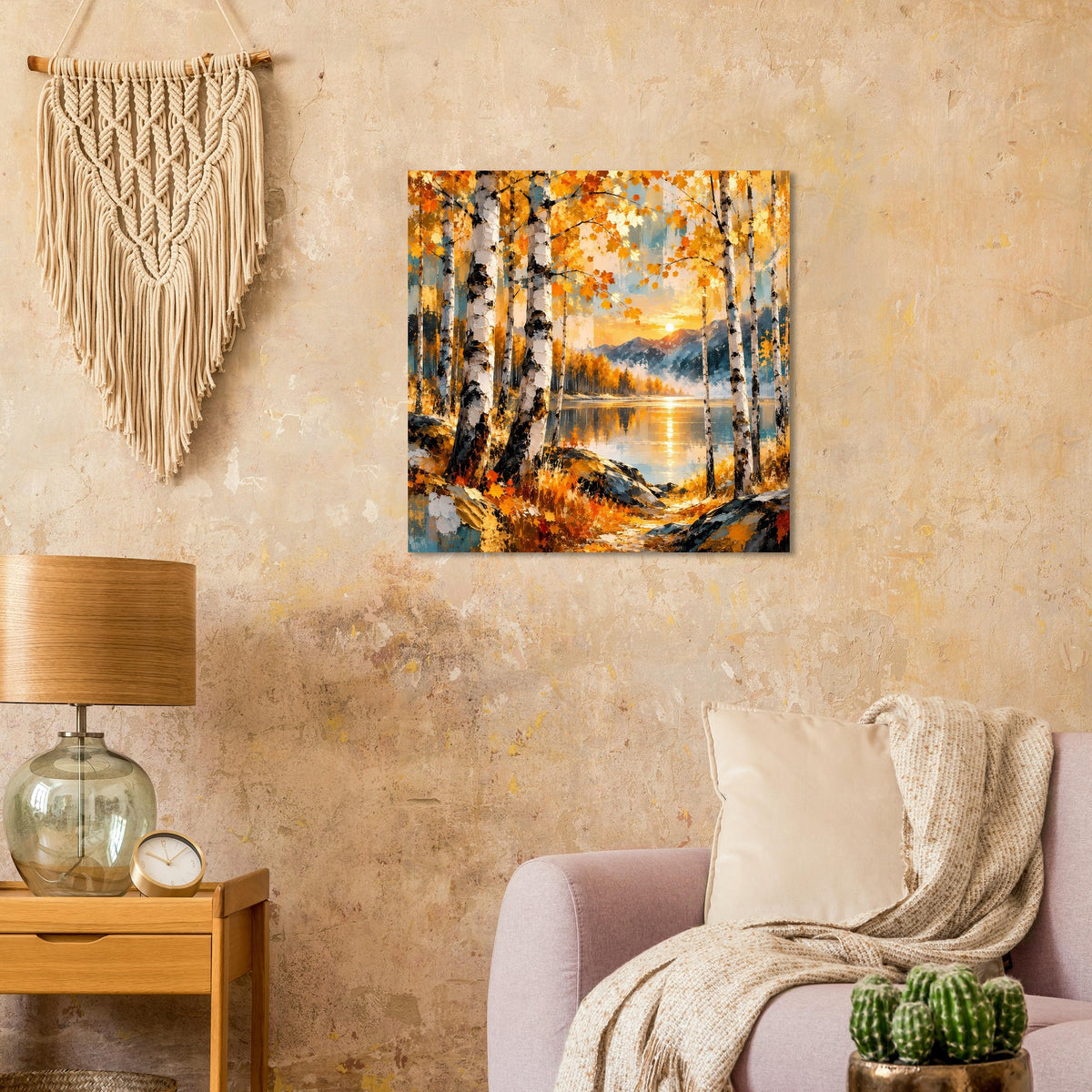 Poster mit herbstlicher Landschaft: Birkenallee, Seeufer und warmes Abendlicht