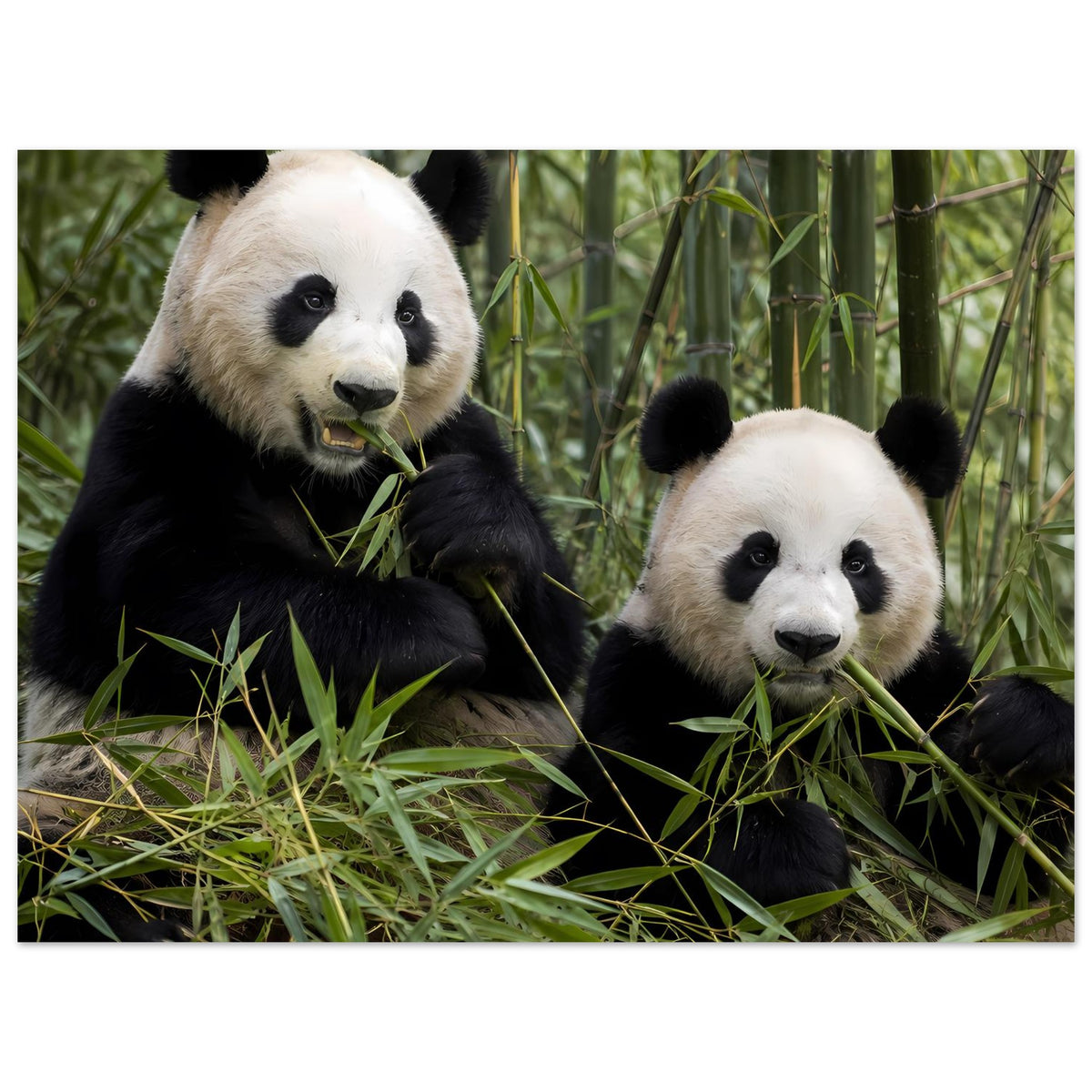 Poster im Hochformat mit zwei Pandas vor Bambus, Panda links mit Bambus in den Pfoten