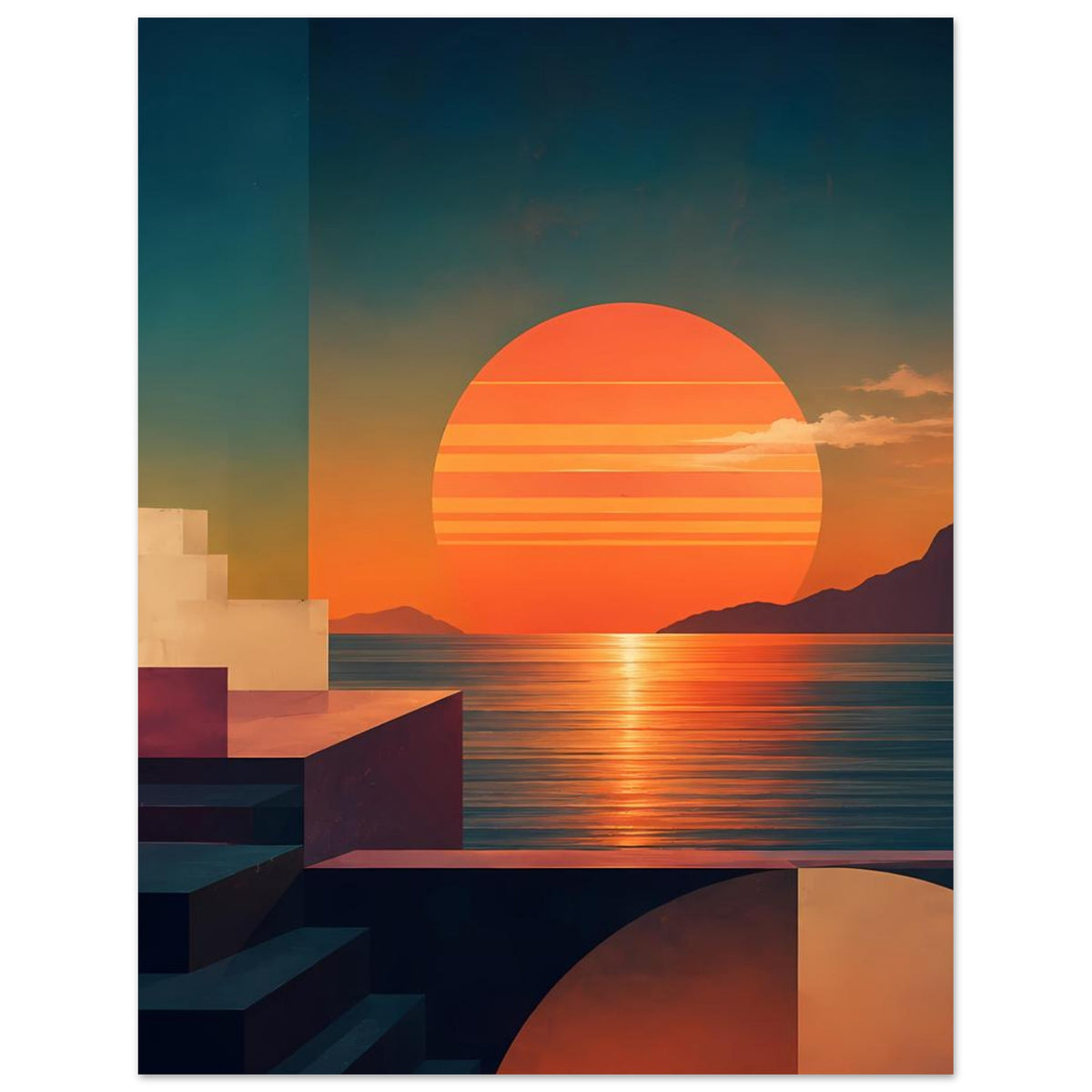 Vertikaler Küsten-Kunstdruck: orange Sonne, Streifenhimmel und geometrische Flächen im Vordergrund