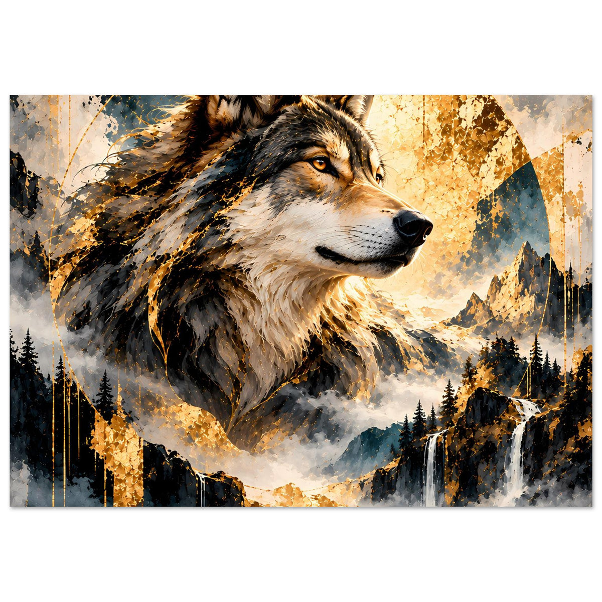 Wolfskunstposter mit Wolfskopf im Vordergrund, Bergkulisse, Wasserfall und goldenen Akzenten