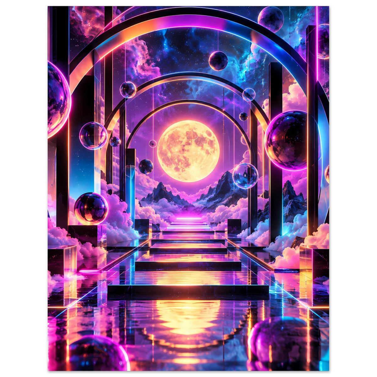 Poster in vertikaler Ansicht: Planeten-Portal, leuchtender Mond und farbige Treppe