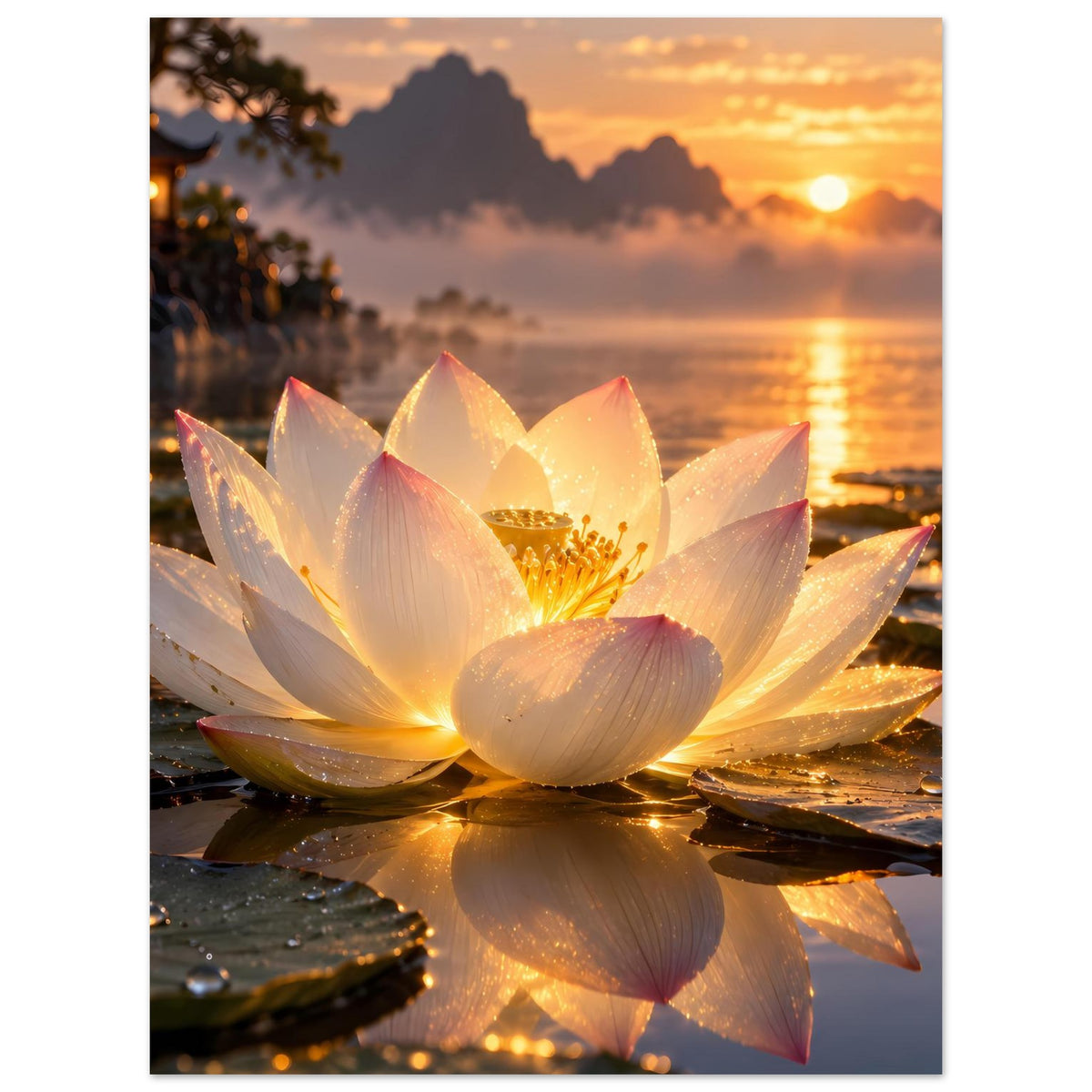 Premium-Poster: leuchtende Lotusblüte mit goldener Mitte und ausgebreiteten Blütenblättern