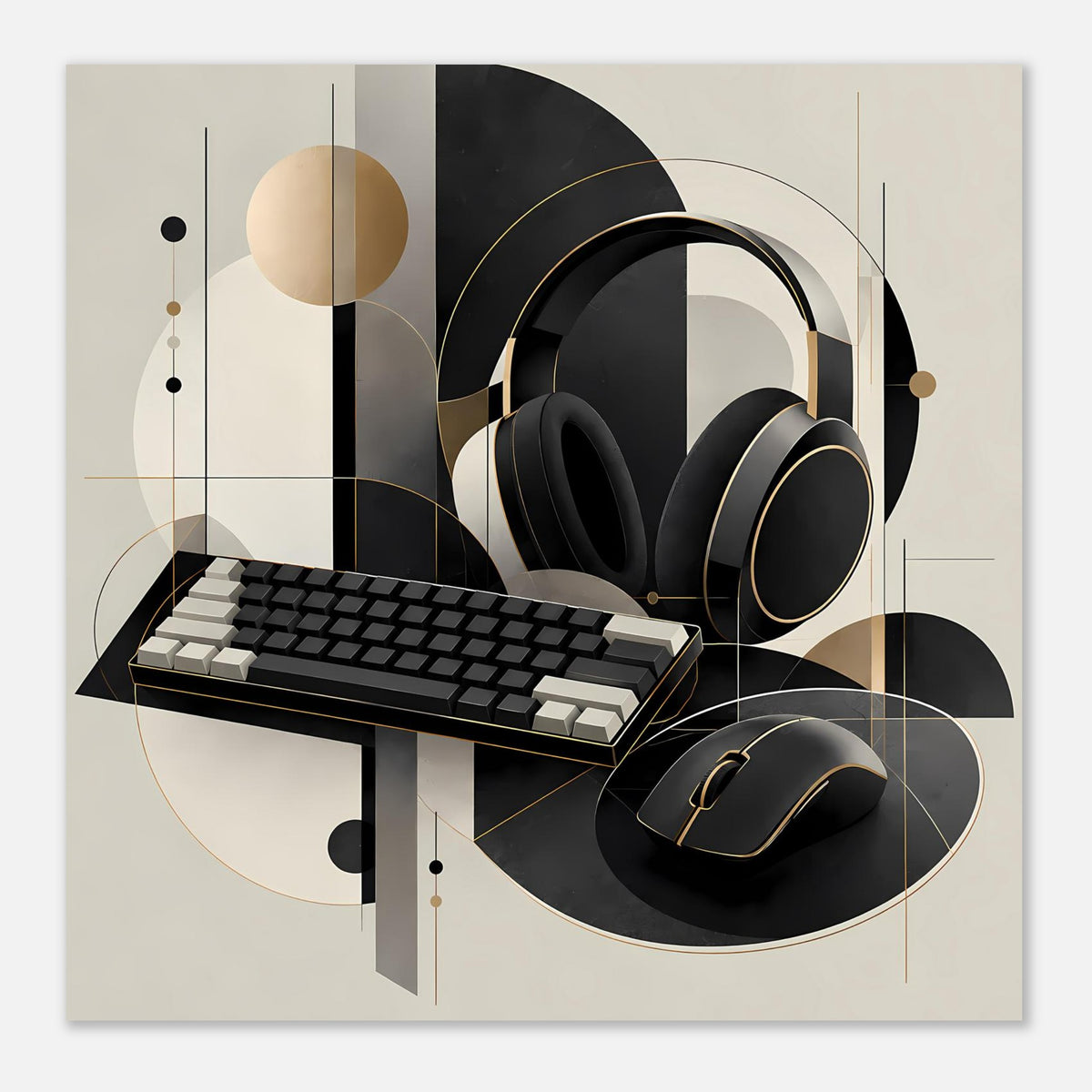 Gaming-Poster mit schwarzer Tastatur, Headset und Maus in geometrischem Gold-und-Creme-Muster
