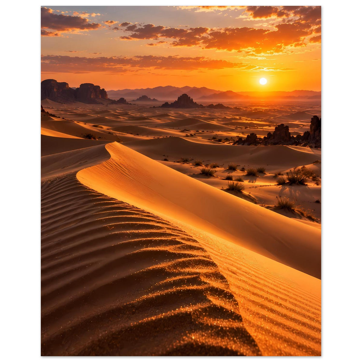 Hochformatiges Poster mit Dünen und Sonne am orangefarbenen Himmel