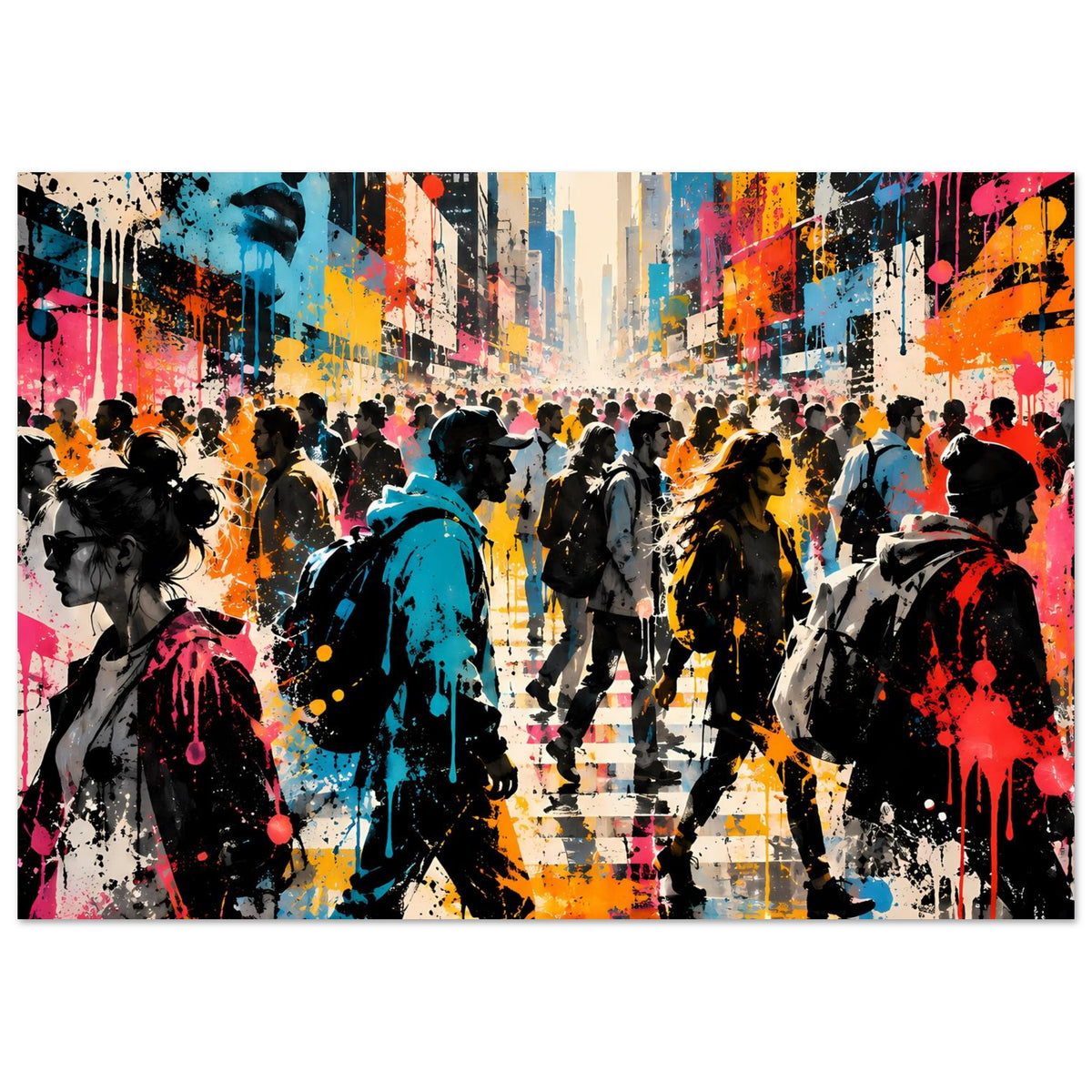 Street-Art-Poster mit Menschenmenge und Graffiti-Farbflächen, türkis, orange und pink, rechteckig