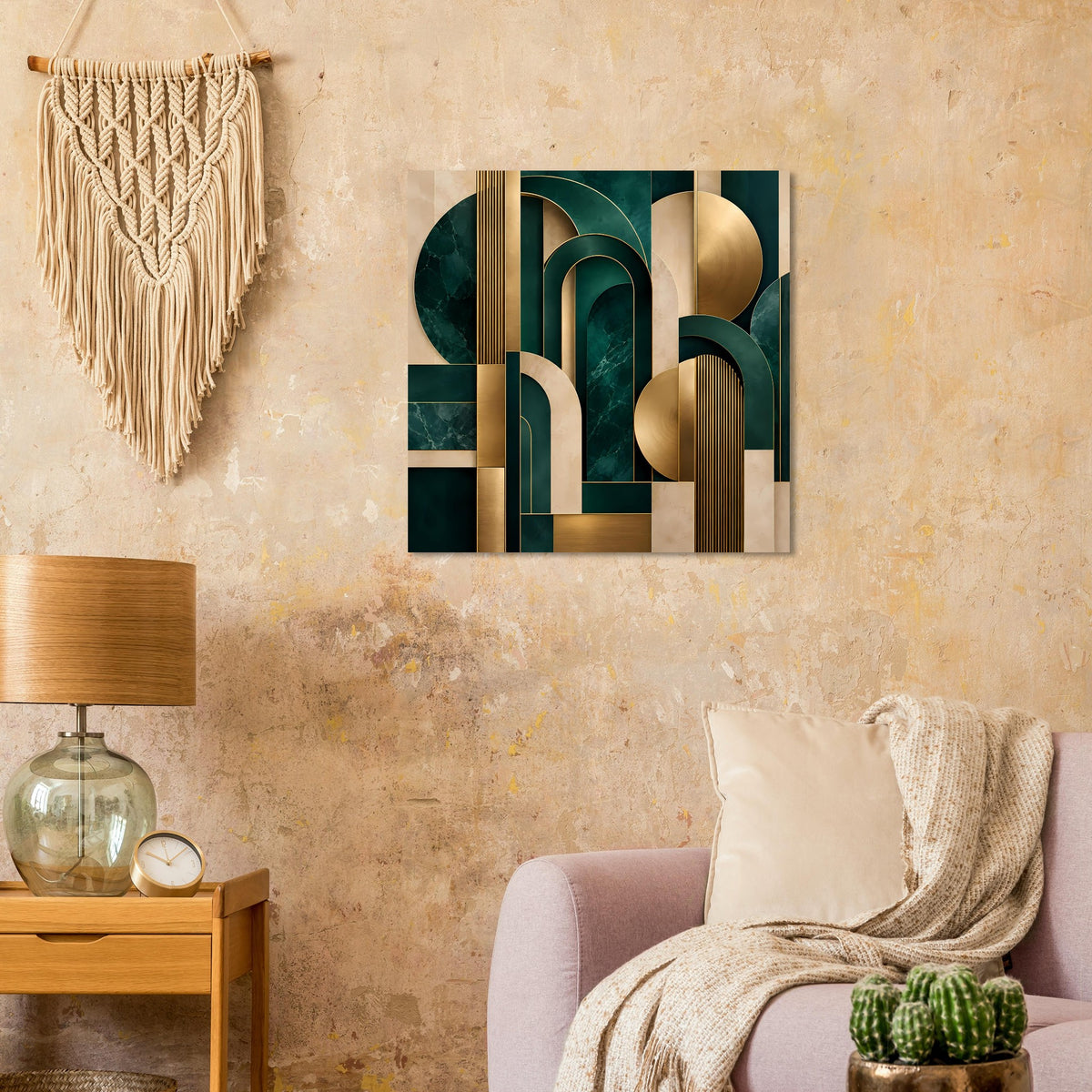 Art-Deco-Poster mit goldenen Streifen und dunkelgrünen Rundbögen