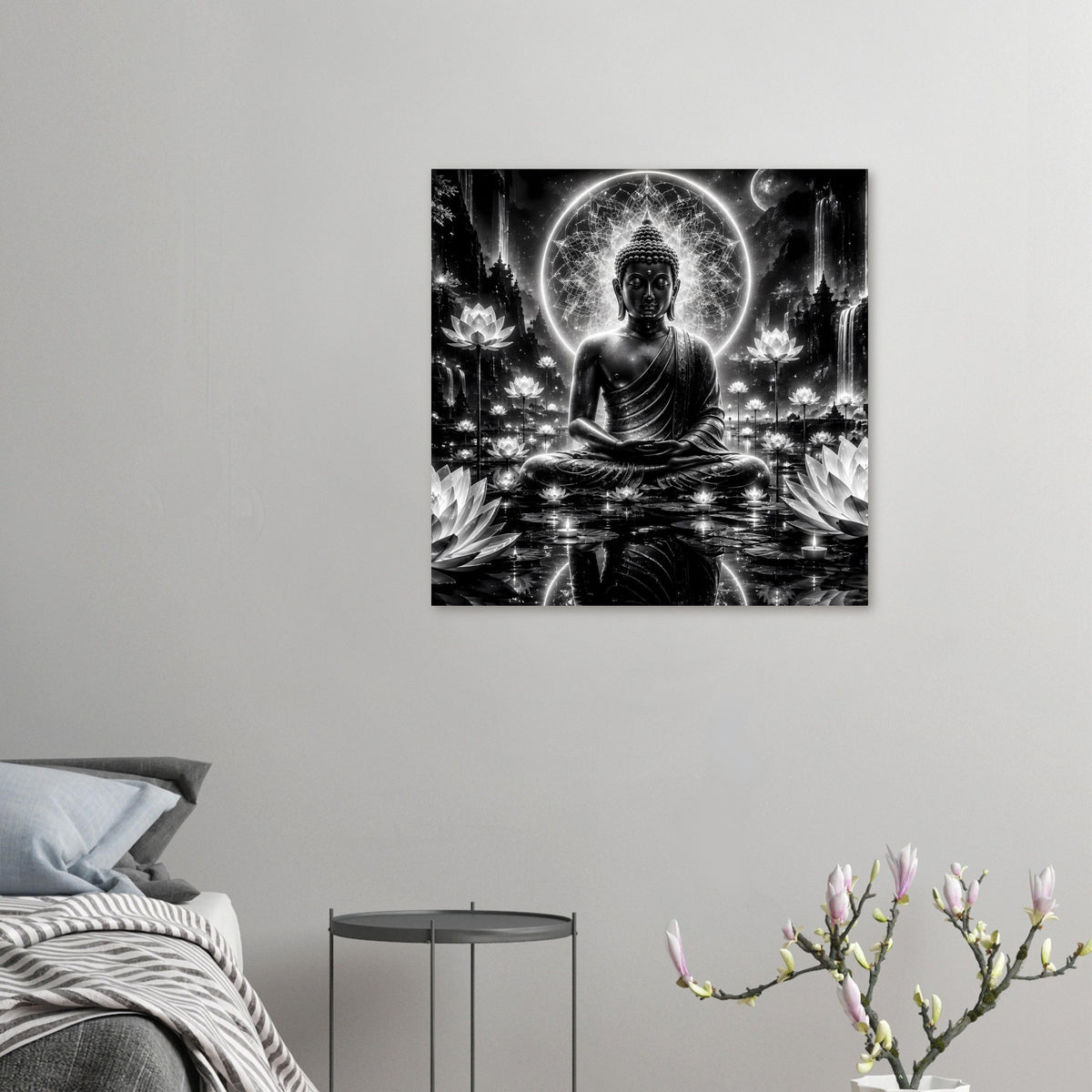 Kleines Poster mit sitzendem Buddha, leuchtende Aura im Kreis und Lotusblüten, schwarz