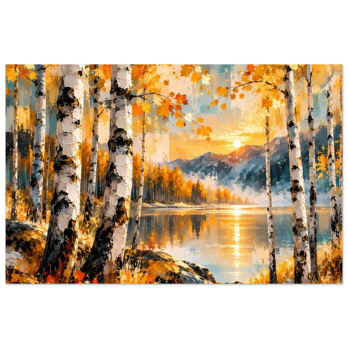 Herbstposter mit orange Laub an Birken und beruhigendem See, Landschaftsmotiv