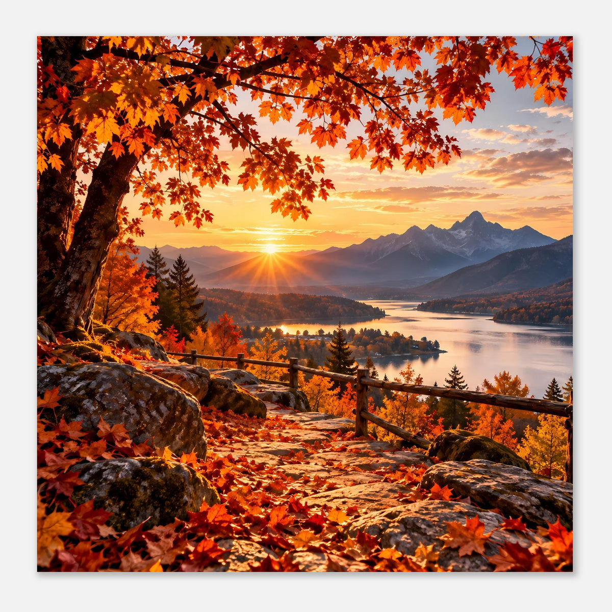 Querformatiges Landschaftsposter: Felsenpfad mit Herbstlaub, Holzgeländer, Seeufer und Sonnenuntergang.