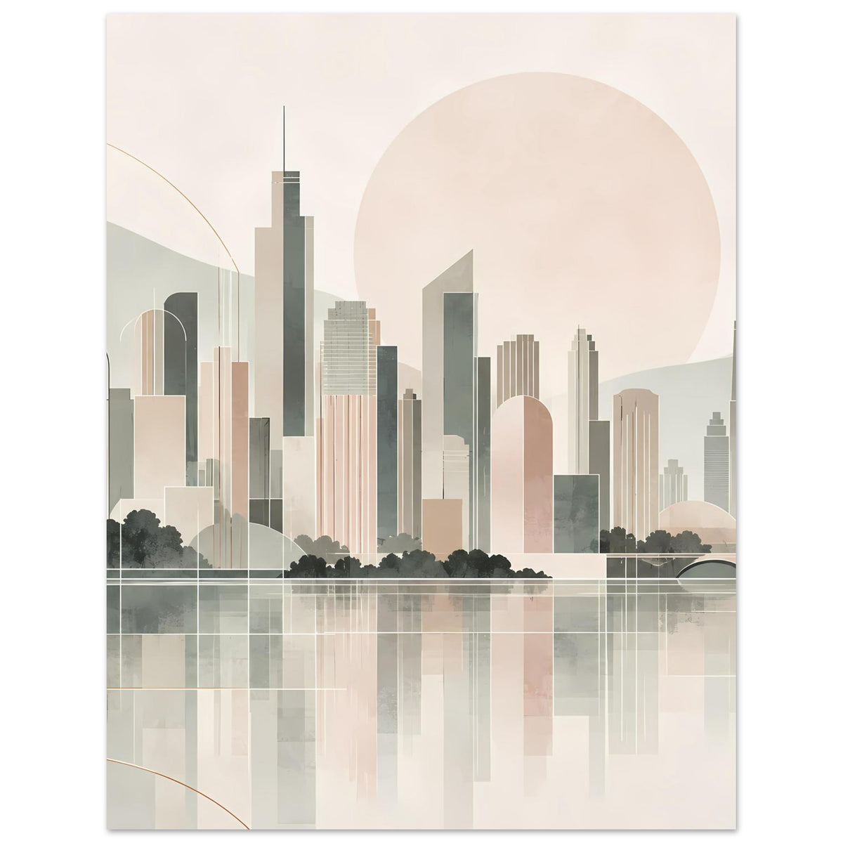 Stadtposter im Hochformat: Skyline mit Türmen und Wasser-Reflexion, große Sonnenscheibe im Hintergrund