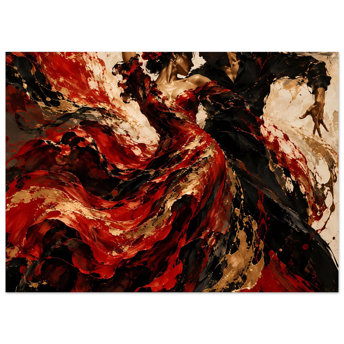 Poster mit Flamenco-Tanzmotiv: dynamische roten und schwarzen Stoffwirbel, goldene Farbspritzer