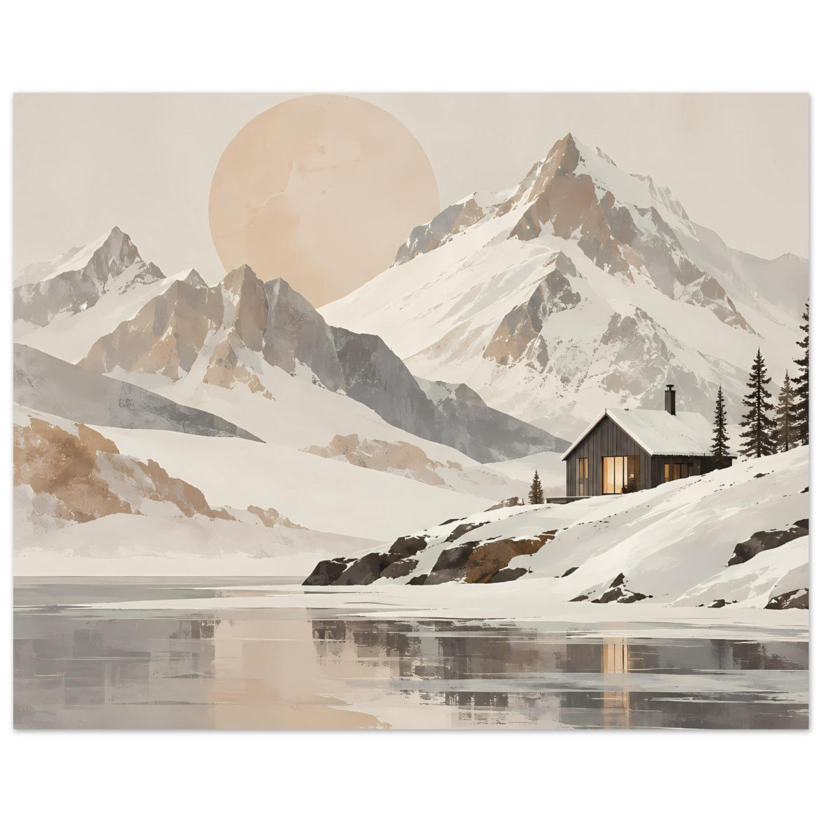 Wandposter mit Gebirge, verschneitem Ufer, Hütte, Tannenwald, rundem Himmelselement und Spiegelung
