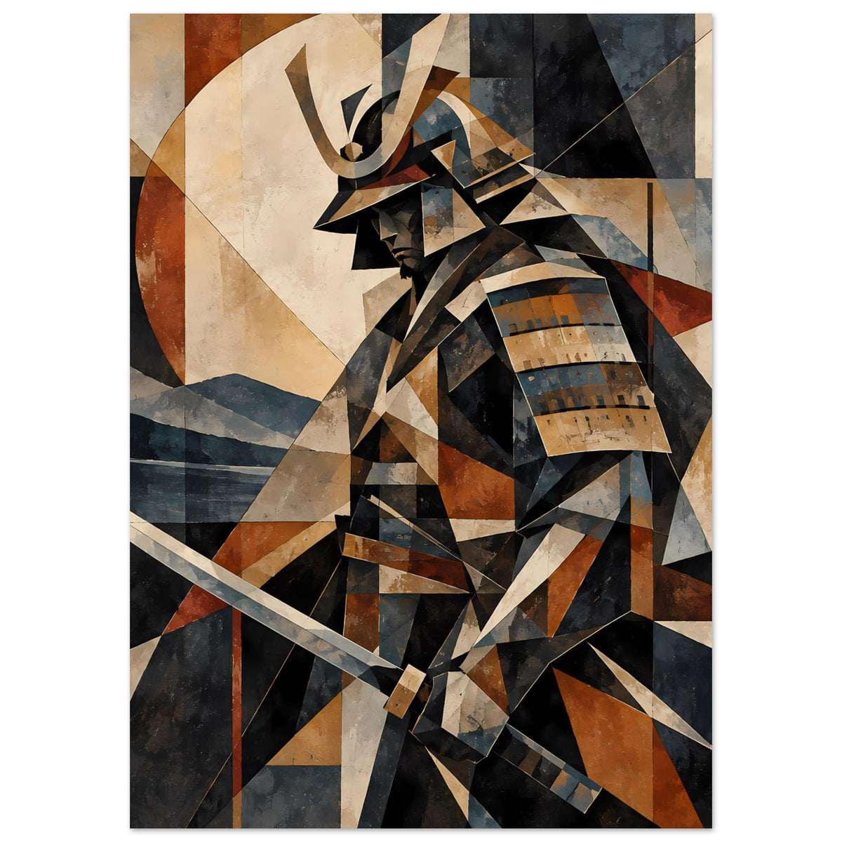 Poster mit Samurai-Krieger-Illustration aus scharfkantigen, geometrischen Farbflächen