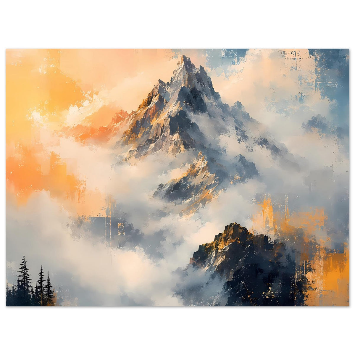 Horizontales Poster mit Berggipfeln in Blau/Orange und Tannen am unteren Rand.