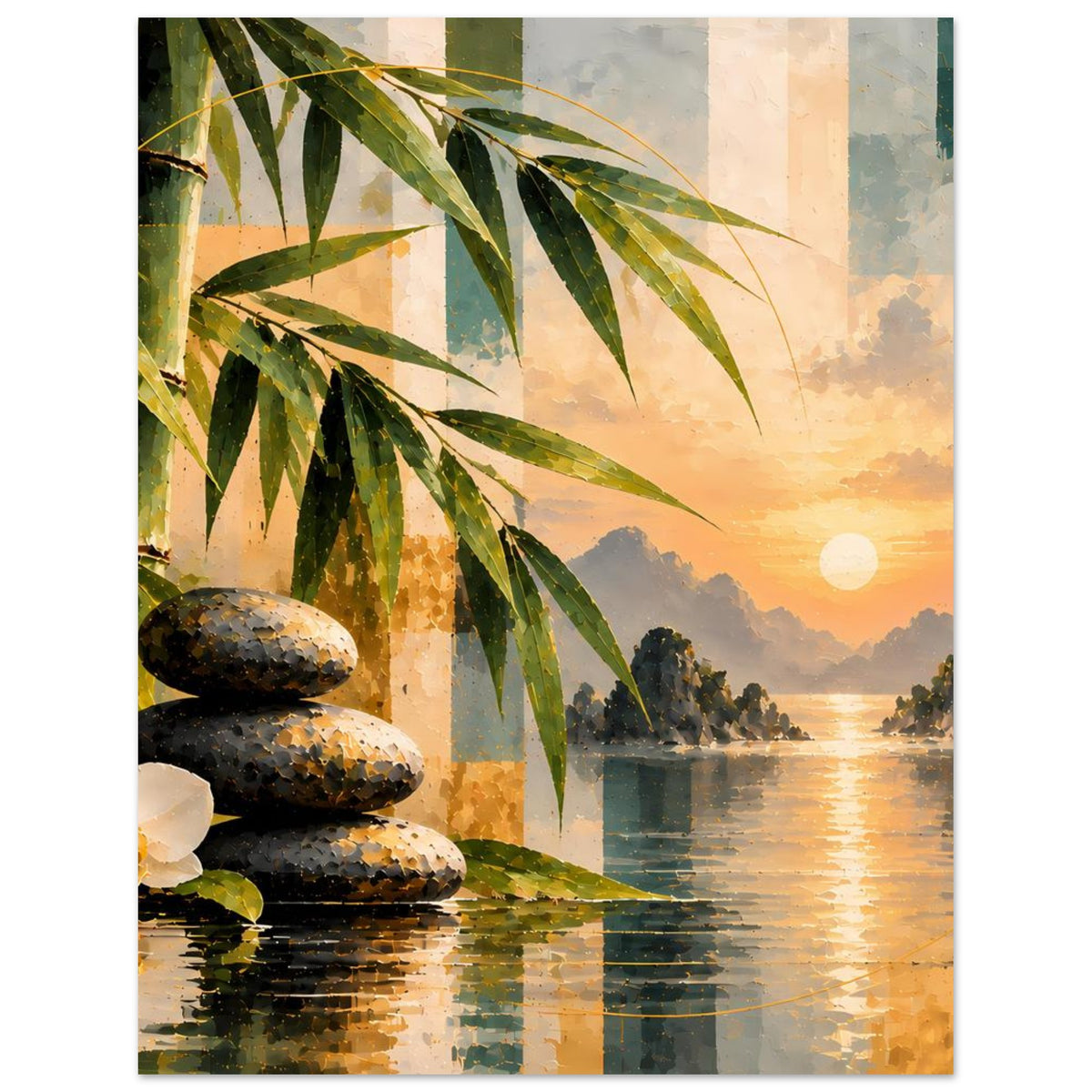 Poster mit Bambuszweigen, Zen-Steinen und weißer Orchidee, geflutet von goldenem Licht