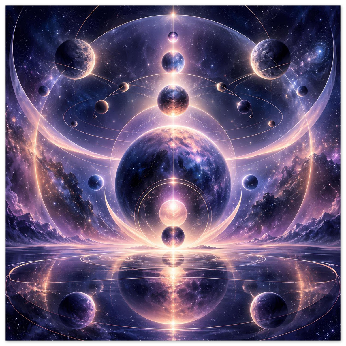 Weltraum-Poster in voller Ansicht mit großer Spiralbahn, Planetenringen und reflektierender Lichtspur