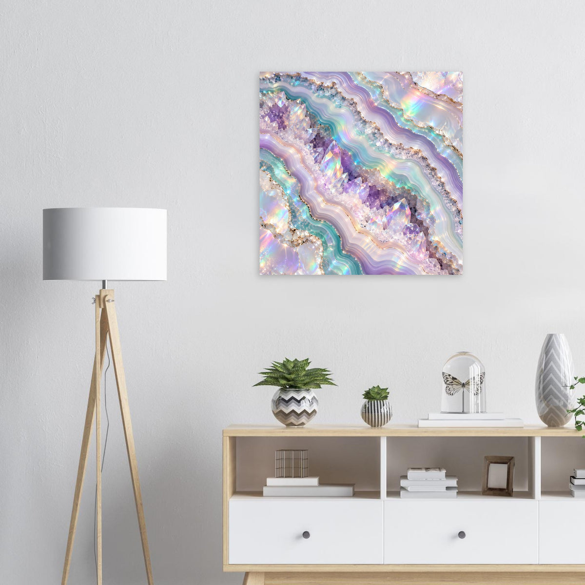 Holografisches Geode-Kristallposter, horizontal, mit violetten und türkisfarbenen Schichtlinien